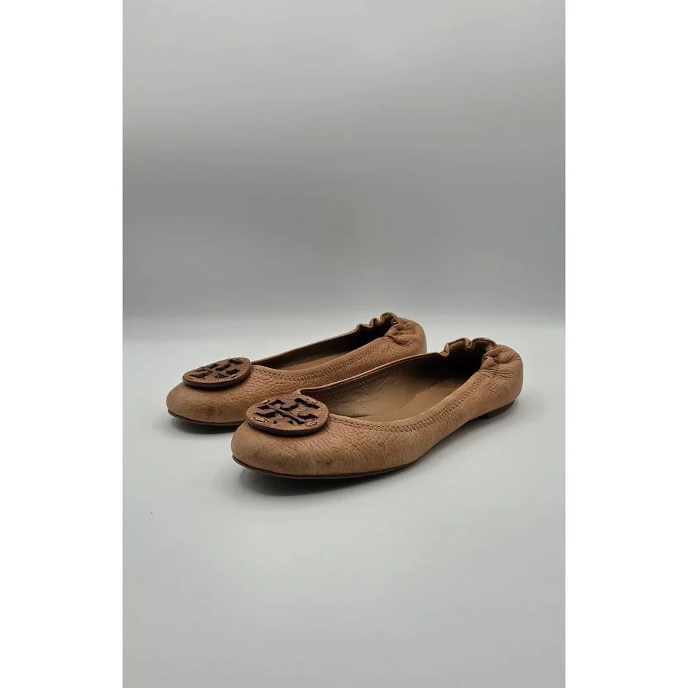Tory Burch Reva Women Flats Sz 7 Tan Tumbled Leather Ballet Logo